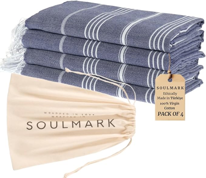 SOULMARK 100% Cotton Turkish Beach Towel with Bag - 38"x71" - 4 Pack - Made in Green & Oeko TEX Certified - Pre-Washed 6 Sand Free - Quick Dry and Lightweight for Travel - Made in Turkey - Navy Blue