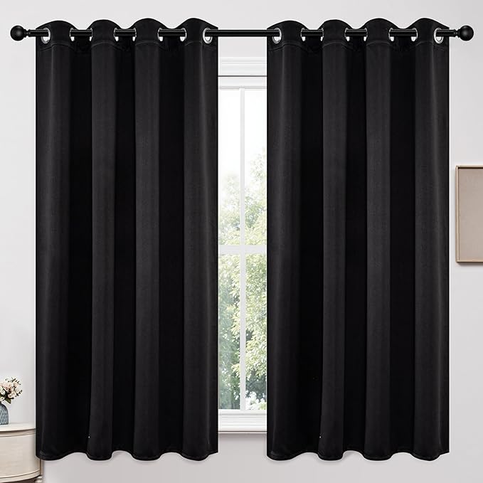 Joydeco Blackout Curtains 63 Inch Length 2 Panels Set, Thermal Insulated Long Curtains& Drapes 2 Burg, Room Darkening Grommet Drapes for Living Room Bedroom Window (W52 x L63 Inch, Black)