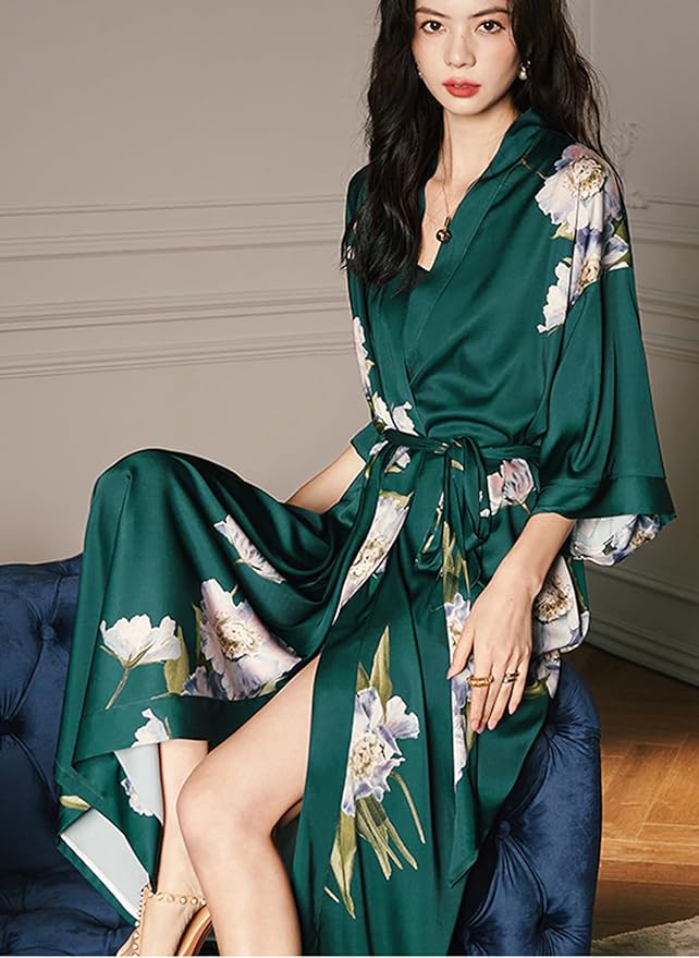 Silk Satin Robe for Women Long Japanese Kimono Robe Lightweight Soft Bathrobe Floral Luxury Dressing Gown