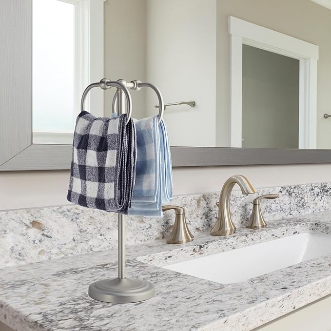 17 Inch Stainless Steel Hand Towel Holder Double Stand Hand Towel Ring for Washcloths or dishcloths Non-Slip Base Free Standing Towel Rack for Bathroom Kitchen (Brushed)