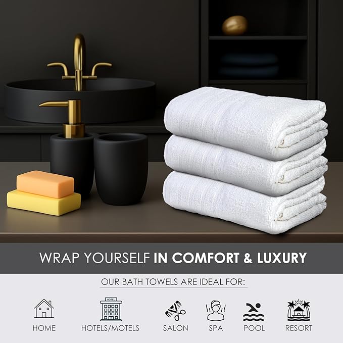 TOALLA_ Bath Towels_30x60_Pk 6_White Bath Towels (6-Pack, 30W X 60 L Inches) White Color- Cotton Towel for Gym, Bath, Spa, Shaving, Shampoo, for Daily use, Large