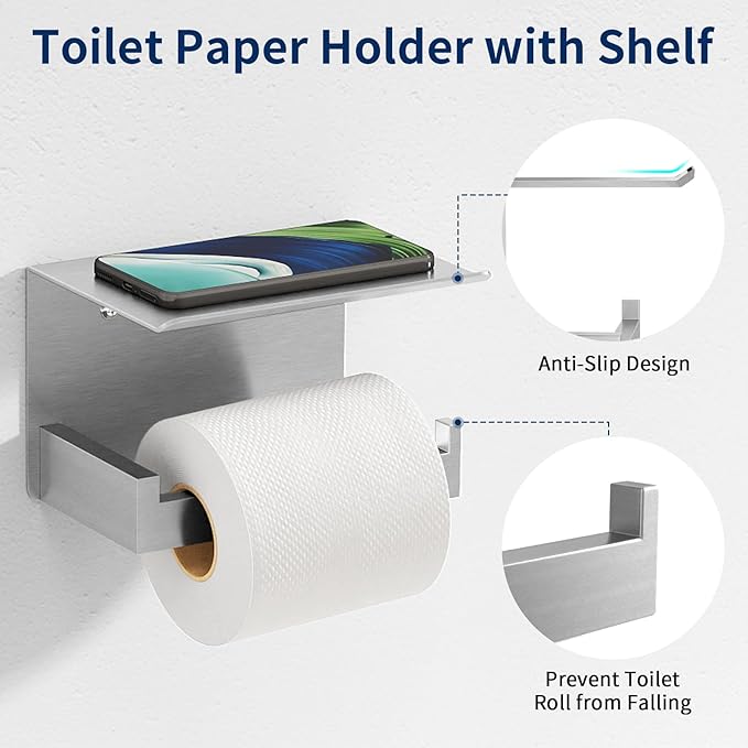 20-Piece Stainless Steel Bathroom Hardware Set - Complete Wall Mounted Solution with Towel Bar, Toilet Paper Holder with Shelf, Towel Ring & Towel Hooks