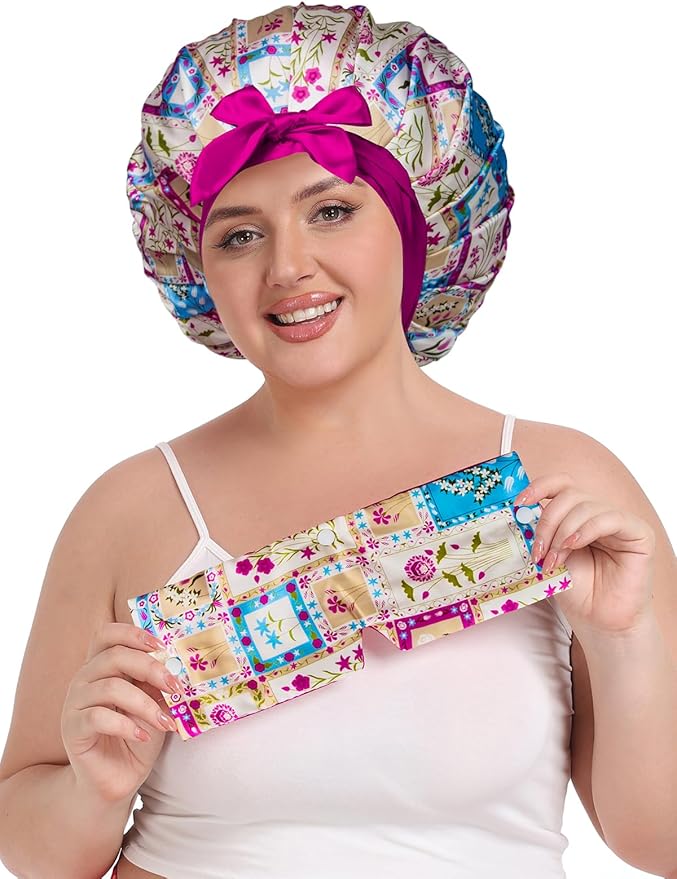 Pleated Silk Sleeping Bonnet with Eye Mask Double Layer Satin Hair Bonnets Sleep Cap for Curly Natural Hair