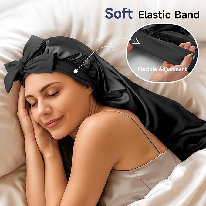 Umisleep 22 Momme Mulberry Silk Bonnet for Sleeping Women, Untangled Hair Care Bonnet, Extra Long for Curls & Braids - Lays Flat for Styling, Double Layer Hair Wrap with Soft Adjustable Tie, Black