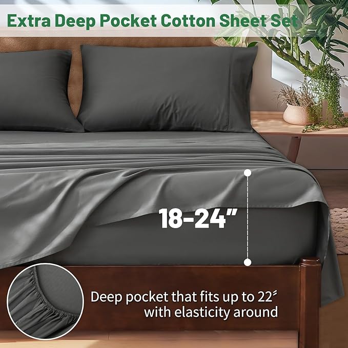 Extra Deep Pocket Queen Sheets 18-24 Inch 1000 Thread Count 100% Egyptian Cotton Sateen Weave Soft Breathable 4 Pieces（Queen,Dark Grey）