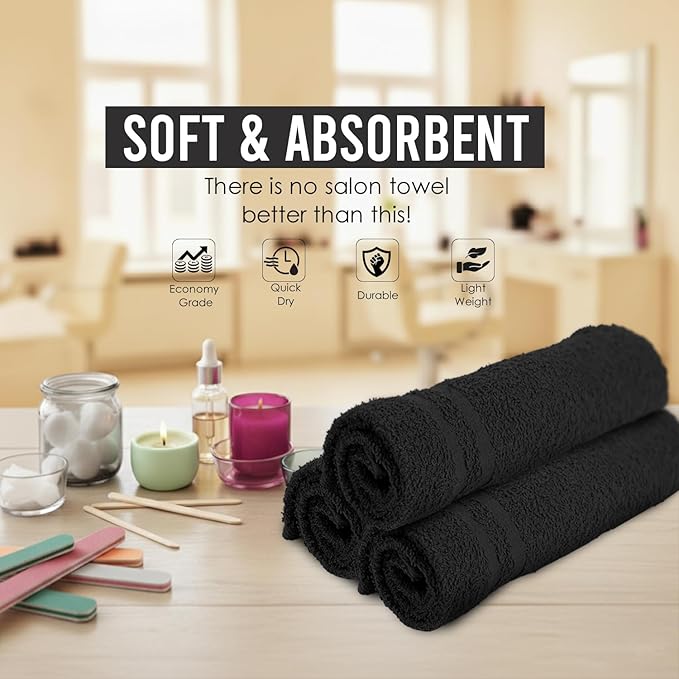 Salon Towels – 50 Pack Black Hand Towels 100% Cotton Spa Towel – 16x27 inches Highly Absorbable Facial, Gym, Hair, Face, Bulk Small Towels (Not Bleach Proof)