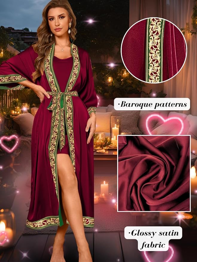 Satin Robe Sets For Women, 2-PC Lightweight Bathrobe, Silk Sleepwear Kimono Bridesmaid Sexy Robes