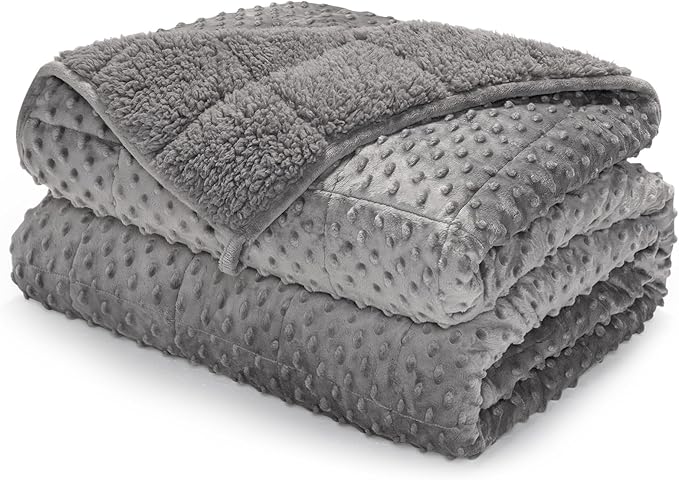Minky Dot Weighted Blanket for Adults Twin Size 12 lbs, Warm Sherpa Snuggle Heavy Blanket for Autumn Winter with Glass Beads, Great for Stress Relief and Sleep Promotion, Grey 48 x 72 inches