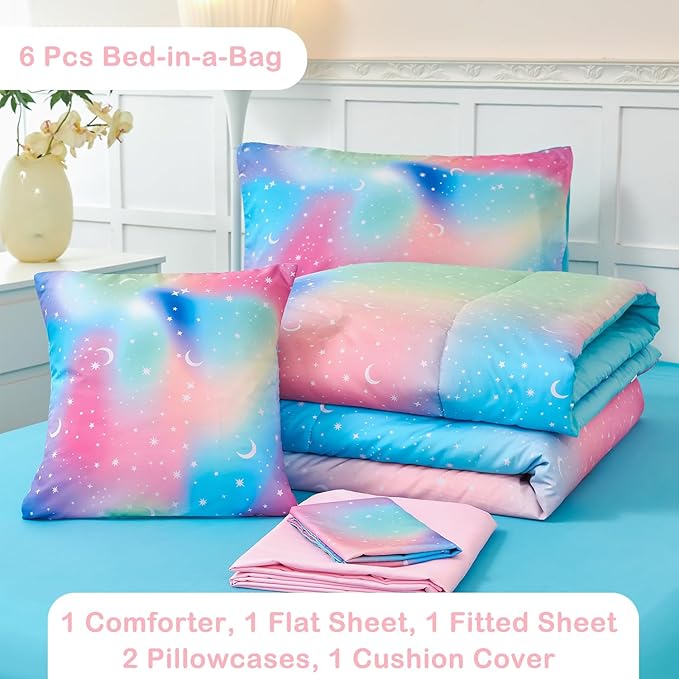 URBONUR 6Pcs Comforter Set for Girls Full Size Colorful Rainbow Bedding Set Galaxy Star Printed Kids Bed Sets for Full Bed, Ultra Soft Comforters with Sheet Set