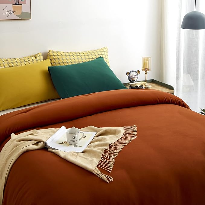 Cottonight Burnt Orange Comforter Set - Full Rust Caramel Bedding - Match Color Solid Cotton Reddish Terracotta Blanket Quilts - Soft Breathable Modern Comforter Set for Women, Men, Adults, Kids