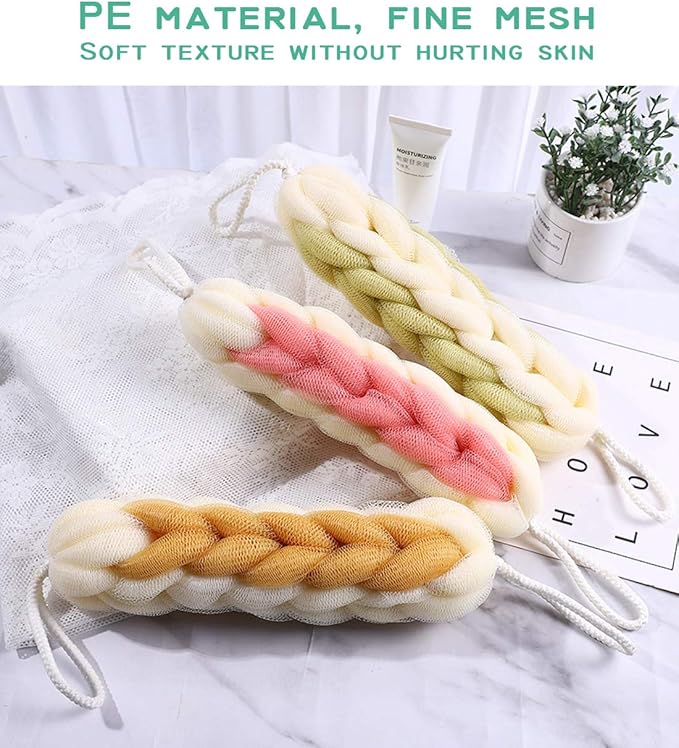 AARAINBOW 2 Packs Upgraded Long Stretch Back Sponge with Rope Handles Back Scrubber Bath Shower Mesh Sponge Exfoliating Body Scrub Stretch Braided Loofah for Men Women Braided Mesh Shower (Gray+Pink)