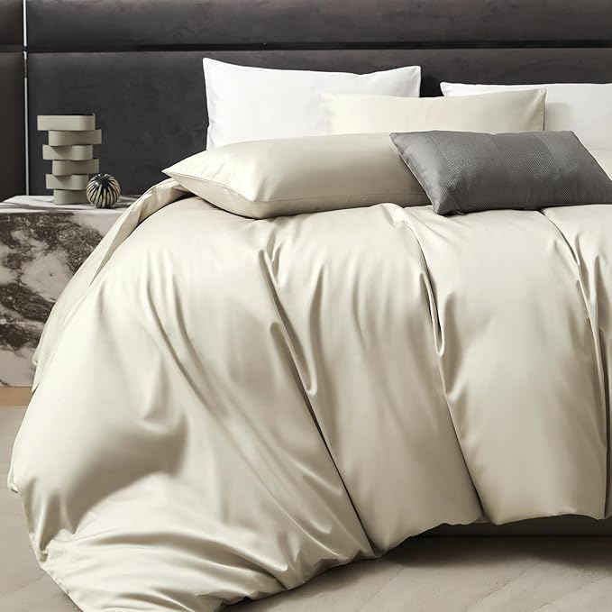 PURE ERA Duvet Cover Set 800 Thread Count Long Staple Cotton Sateen Soft Luxurious Smooth 3 Piece Set Beige King
