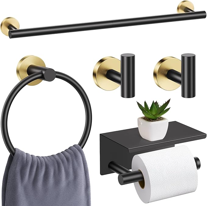 Black and Gold Bathroom Hardware Set, 5 Pieces Towel Bar Bathroom Accessories, Upgraded Toilet Paper Holder with Shelf Set, 23.6 Inch Towel Rack Towel Holder for Bathroom Wall
