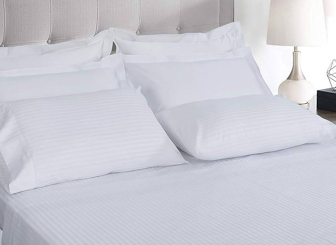 Threadmill 100% Cotton Sheets for Cal King Size Bed - 600 Thread Count Cal King Bed Sheets Set with 16” Deep Pocket - Damask Stripe Sateen Weave 4-Piece Bedding Set with Cooling Effect, White