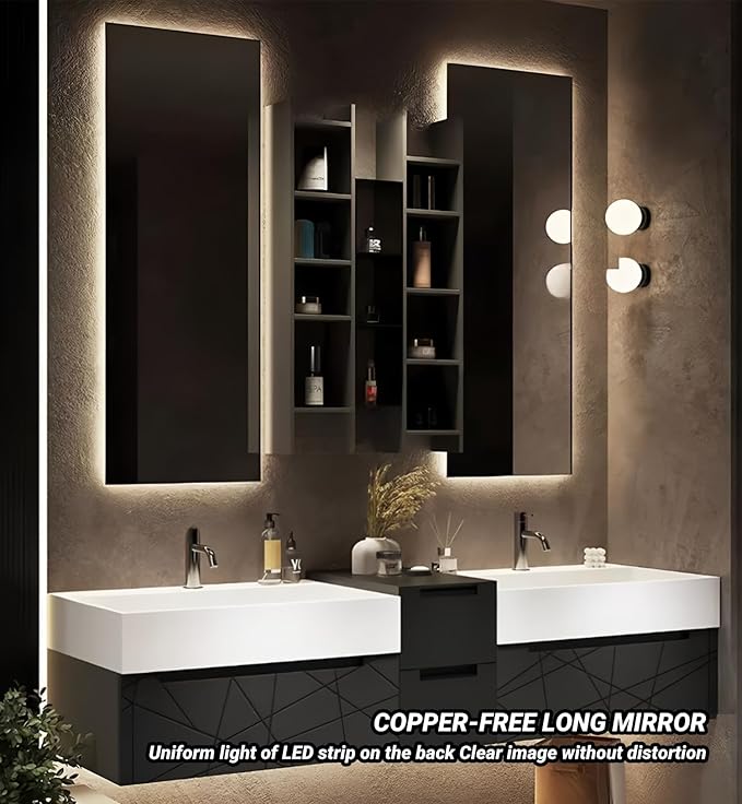 Double Bathroom Vanity with Sink, Floating Modern Bathroom Vanity Set Includes LED Smart Defogging Mirror and Open Storage Wall Cabinet, Solid Wood Bathroom Cabinet with Large Drawer (Apricot, 100")