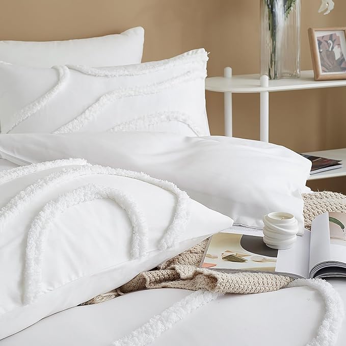 Cupocupa Queen Comforter Set Beige Tufted Comforters Sets Bedding for Queen Bed 3PCS Boho Comforter Soft Fluffy Lightweight Comforter with 2 Pillow Cases for All Season