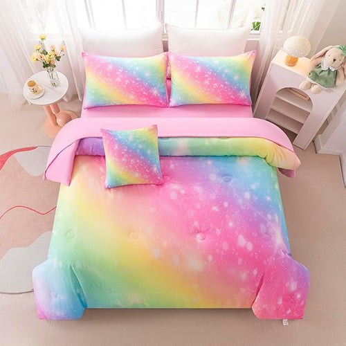6Pcs Twin Size Comforter Set for Girls Kids, Gradient Rainbow Glitter Girls Bedding Set with Sheets, Soft & Breathable Kids Bed for Gift Bedroom Decor