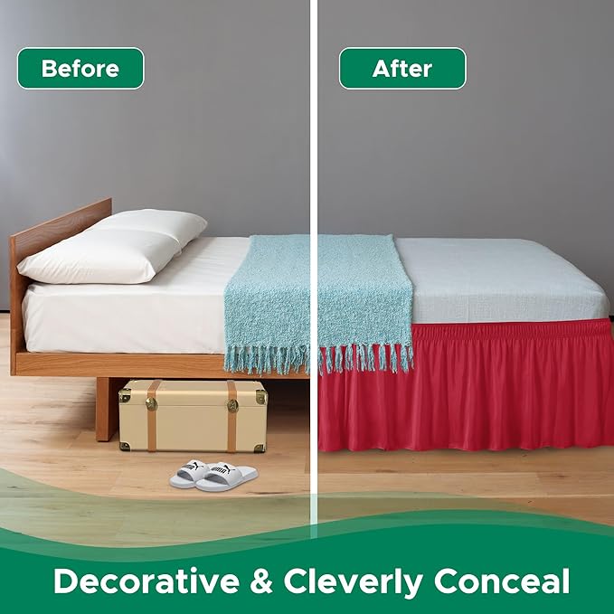 Biscaynebay Wrap Around Bed Skirts for King & Cal King Beds 18" Drop, Red Adjustable Elastic Dust Ruffles Easy Fit Wrinkle Resistant Silky Luxurious Fabric Machine Washable