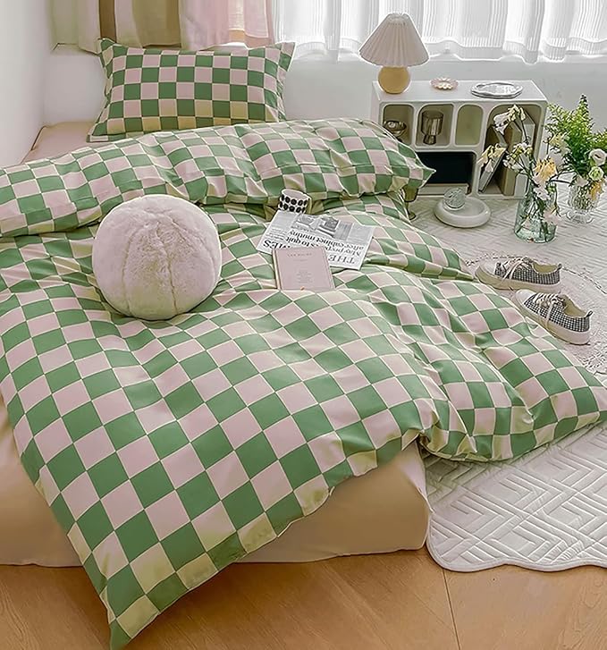 KAREVER Green White Grid Comforter Set King Sage Green Plaid Bedding Set Women Light Green White Checkered Bed Set Breathable Blanket Set Men Durable Bedding Comforter Set
