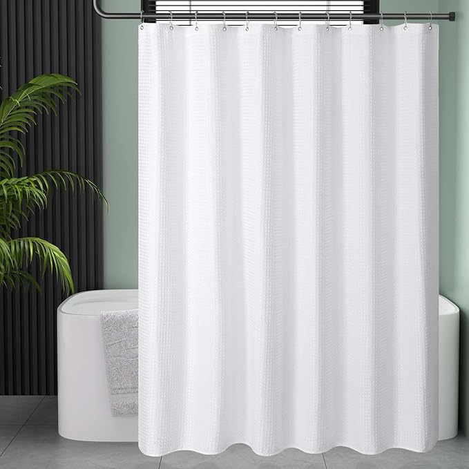 AmazerBath Waffle Shower Curtain - White, Heavy Duty Fabric, Hotel Quality for Bathroom, 72 x 65 Inches