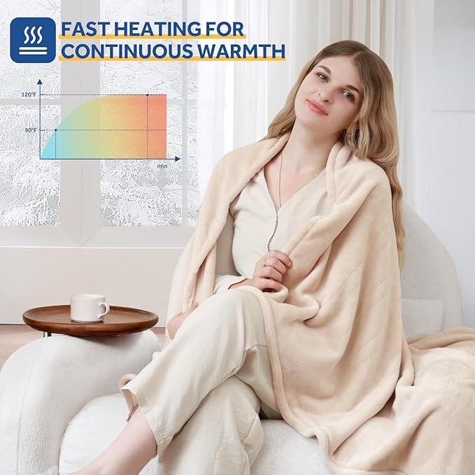 Sealy Heated Blanket Electric Throw 50"x60", Soft Double Flannel Electric Blanket with 6 Heat Levels & 2-10 Hours Auto Shut Off, Machine Washable, Even Heat Distribution, Beige