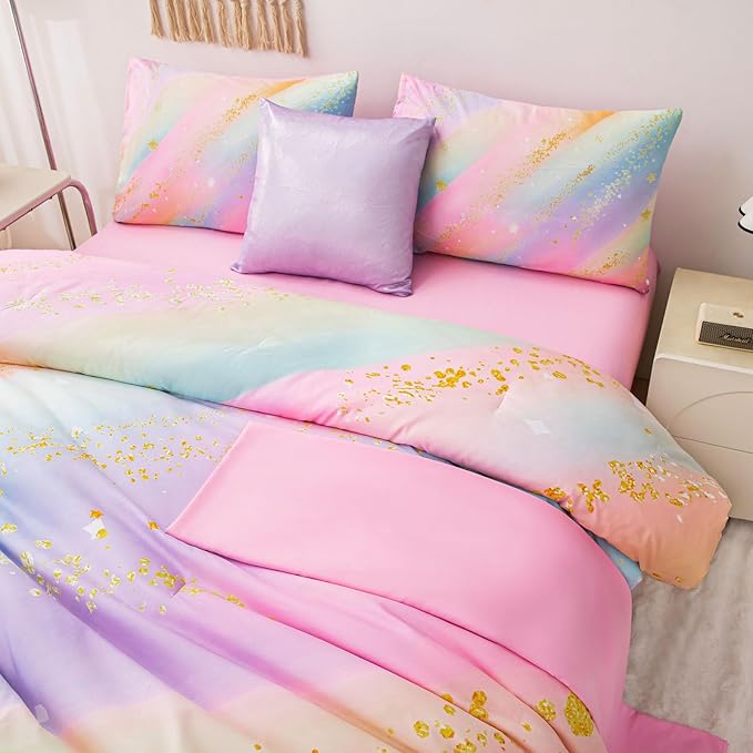 Rainbow Bedding Set Twin Size – 6-Piece Reversible Girls Comforter with Deep-Pocket Sheet, Gradient Galaxy Design, Whole-Piece Filling, Machine Washable Bed-in-a-Bag for Kids Room Makeover & Gifts