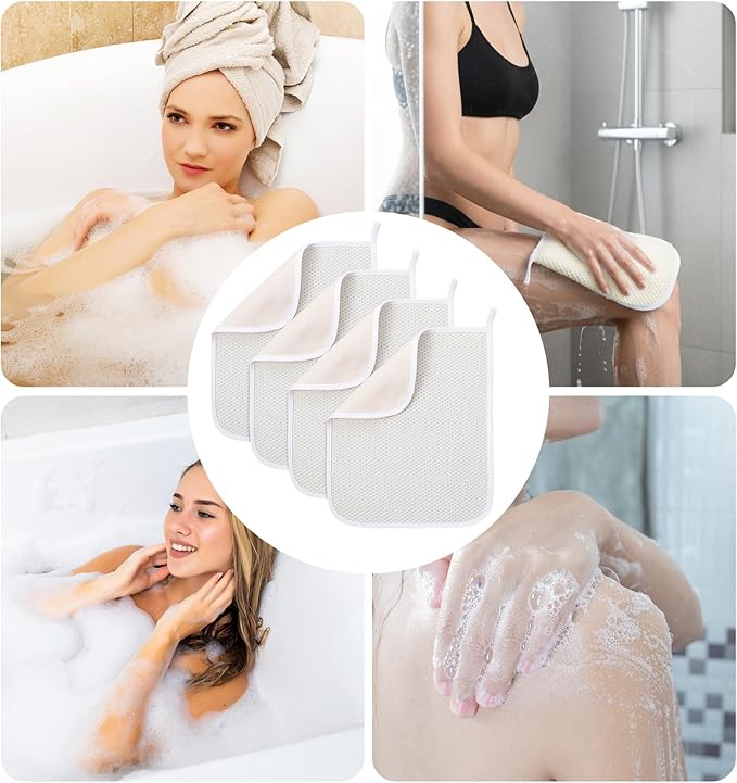4PCS Exfoliating Wash Cloth, Exfoliating Cloth Nylon Cotton Loofah, Body Scrub Cloths for Men Women Clean