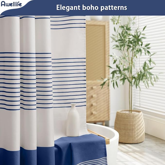 Awellife Blue Shower Curtain for Bathroom Linen Texture Stripe Tassel Shower Curtain 72 X 78 Inches Boho Neutral