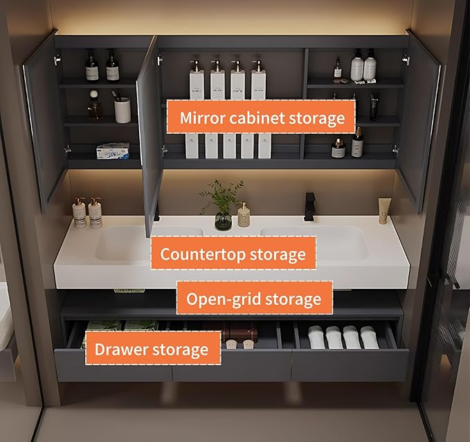 76IN Bathroom Vanity Double Sink - Double Sink Bathroom Vanity Set Include Smart Defogging Bathroom Mirror Cabinet with LED Light Strips, Abundant Storage Space with 3 Drawers (Mirror)