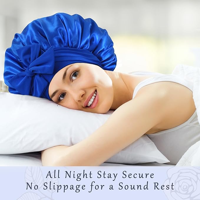 Bonnet with Tie Band, Satin Hair Silk Bonnet for Sleeping Women, Sleep Bonnets for Women, Double Layer Sleep Cap for Curly Hair Braids