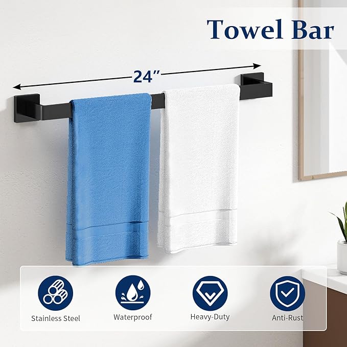 20-Pieces Matte Black Bathroom Hardware Set, 24 Inch Bath Towel Bar Set, Stainless Steel Towel Racks for Bathroom Wall Mounted
