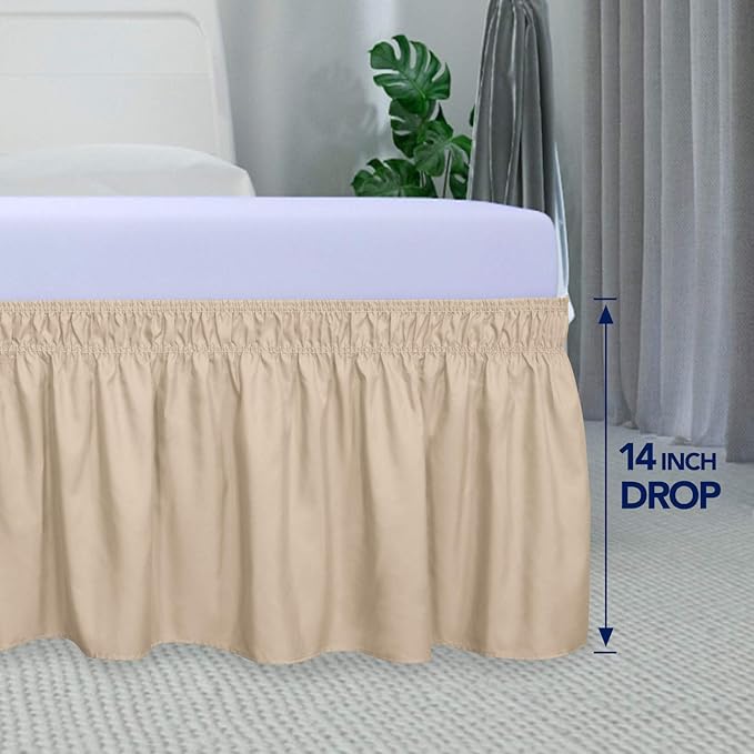 PureFit Wrap Around Ruffled Bed Skirt with Adjustable Elastic Belt - 14 Inch Drop Easy to Put On, Wrinkle Free Bedskirt Dust Ruffles, Bed Frame Cover for Queen, King and C-King Size Beds, Beige