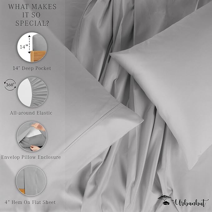 URBANHUT 700 Thread Count Egyptian Cotton Sheets Full Size, 4Pc Sheet Set Soft Luxury Bed Sheets for Full Size Bed, Sateen Weave Hotel Sheets, 14'' Elasticized Deep Pocket - Silver Grey