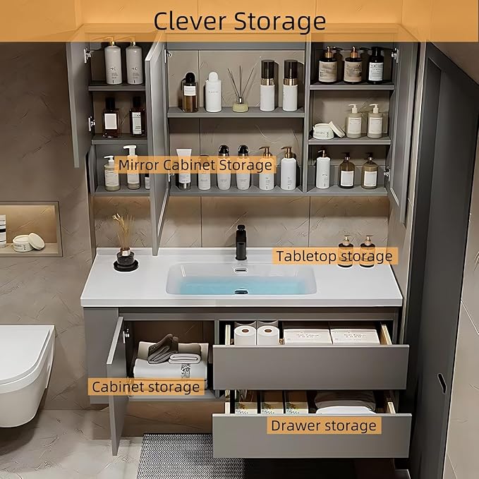 52IN Suspended Bathroom Cabinet Combo Set - Fully Functional LED Mirror with Smart Defogging & Time Display | Bathroom Vanity with Sink,Side Cabinet Storage Compartment (Style A)