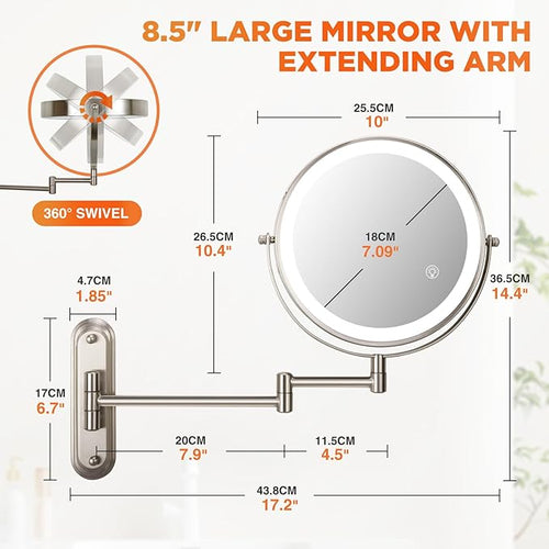 15x Wall Mounted Makeup Mirror, 8" Rechargeable Double-Sided Magnifying Mirror, 3 Color Lights for Makeup,365°Swivel for Shaving - Nickel