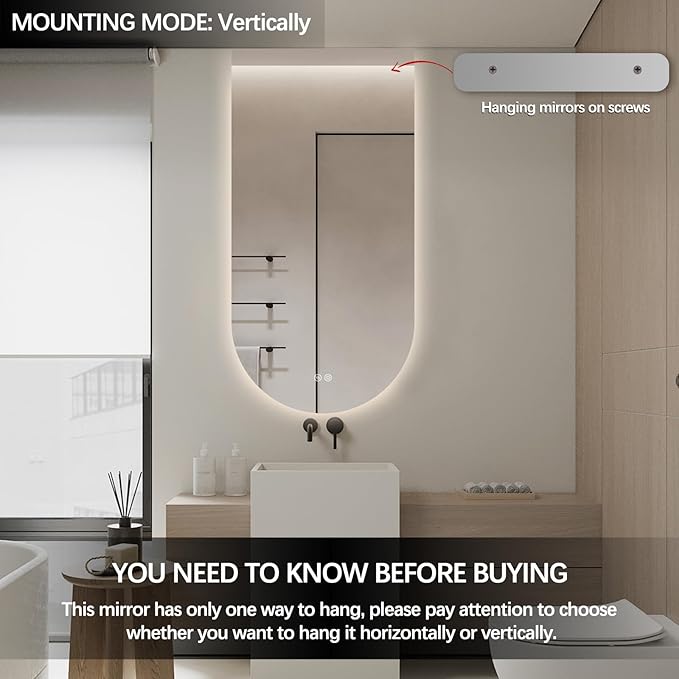 Arched LED Bathroom Mirror, 55"x28" Arch Framless Backlit Mirror with Lights Anti-Fog Dimmable Smart Frameless 3-Color Lighted Vanity Mirror Memory Waterproof, UL Listed, Vertical-Inverted