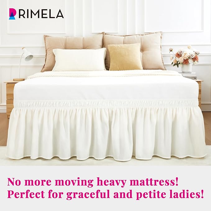 RIMELA White Bed Skirt Queen Size 15" Drop, Elastic Bedskirt for Box Spring & Adjustable Bed, Soft and Solid Fabric, Easy to Install Machine Washable Wrinkle & Fade Resistant, Warm White Dust Ruffle