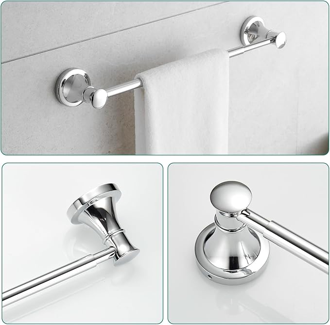 Hoimpro Chrome 4-Piece Bathroom Bath Set, Wall Mount Bathroom Hardware Fixture (Adjustable Towel Bar Rack, Towel Ring Holder, Paper Towel Holder, Double Towel Hook), Bathroom Accessories