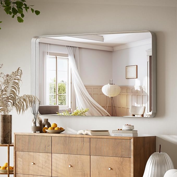VooBang Bathroom Mirror 30x56 inch, Silver Gorgeous Deep Frame Wall Mirror with Shatterproof Tempered Glass, Modern Bathroom Vanity Mirror for Over Sink Hanging Horizontal or Vertical, Silver