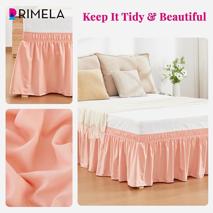 RIMELA Peachy Coral Bed Skirt Queen Size 15 Inch Drop, Wrap Around Elastic Bedskirt, Dust Ruffle for Adjustable Bed Base Machine Washable Easy to Install Bed Skirts