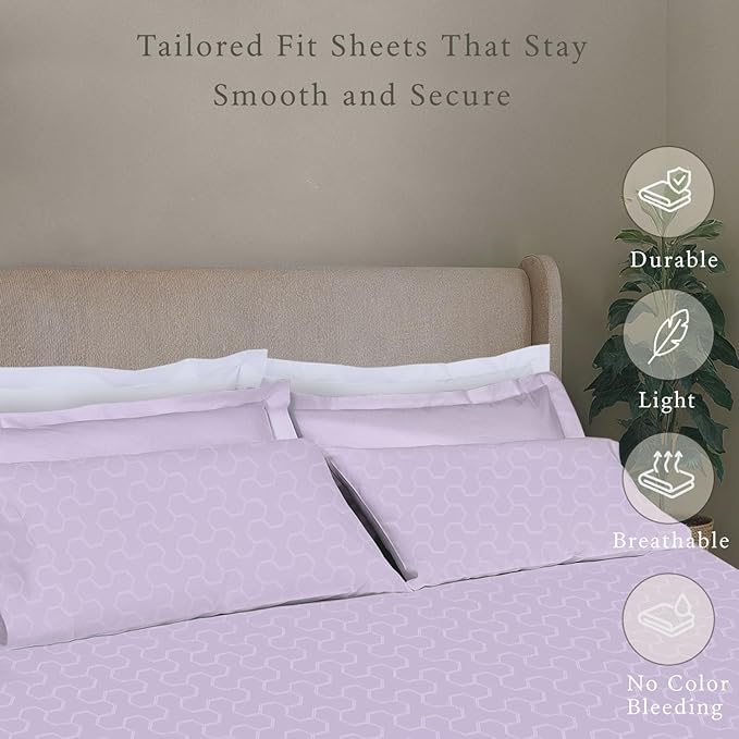 Threadmill Cotton Queen Sheet Set | 500 Thread Count 100% Cotton Sheets for Queen Size Bed | Damask Jacquard Queen Bed Sheets Set with 16” Deep Pocket Fitted | Soft Sateen Cooling Bedding Set | Lilac