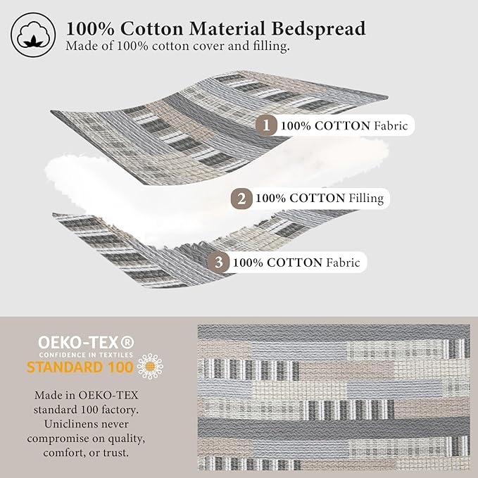 Uniclinens Quilt Set Queen Size, 100% Cotton Quilted Quilts Bedding Set Bedspreads, Farmhouse Patchwork Plaid Quilted Comforter Set, 3 Pieces Set with 2 Pillowshams, Cream/Grey/Brown