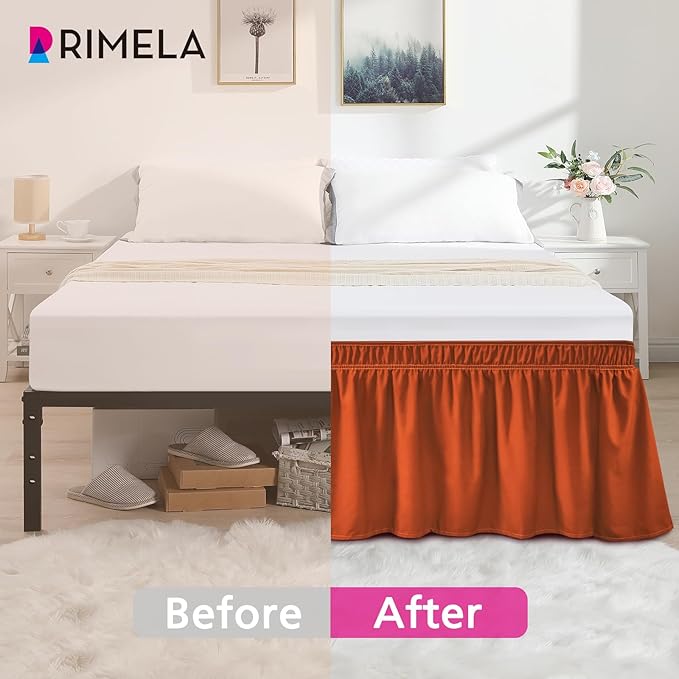 RIMELA Orange Yellow Bed Skirt Queen 15 Inch Drop, Elastic Bed Skirts Queen Size Dust Ruffle, Bedskirt for Adjustable Bed Base, Wrinkle & Fade Resistant Silky Luxurious Fabric Easy to Install