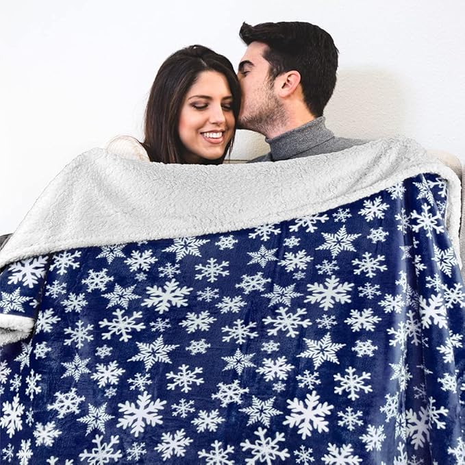 PAVILIA Premium Christmas Sherpa Throw Blanket | Blue Snowflake Decoration, Fleece, Plush, Warm, Cozy Reversible Microfiber Holiday Blanket 50 x 60 Inches