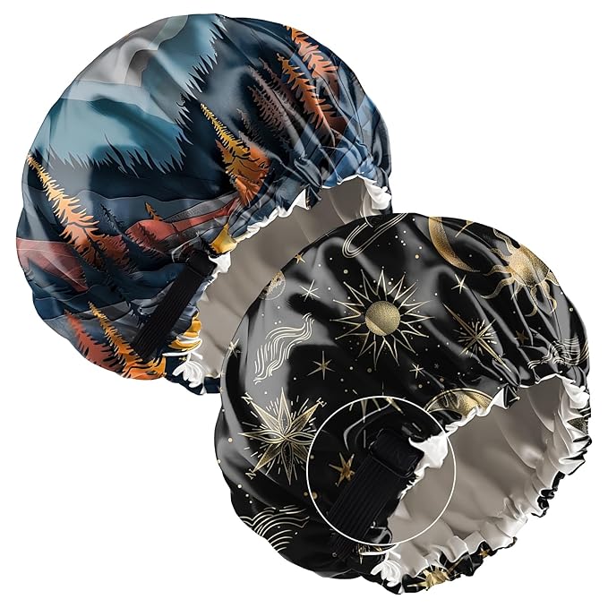 2 PCS Bonnets for Women Girls Satin Hair Bonnet Silk Adjustable Elastic Double Layer Hair Wrap Sleep Cap Comfort Cute-Sun Moon Sunset