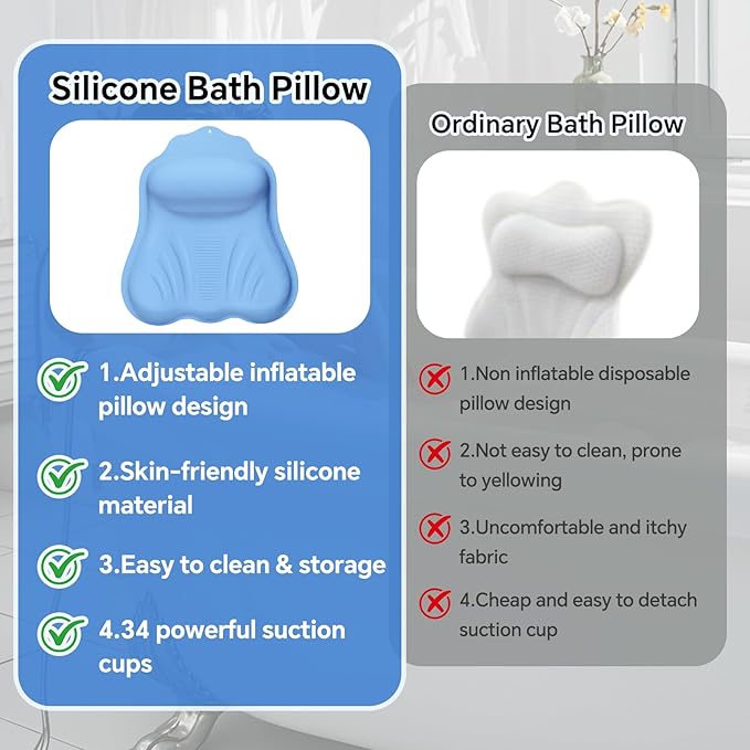 Silicone Bath Pillow for Tub Adults, 4D Air-Cushion Bathtub Pillow for Head Neck and Back Support, Non-Slip Suction Cups, Quick-Drying Waterproof Spa Pillow, Easy to Clean & Store (Blue