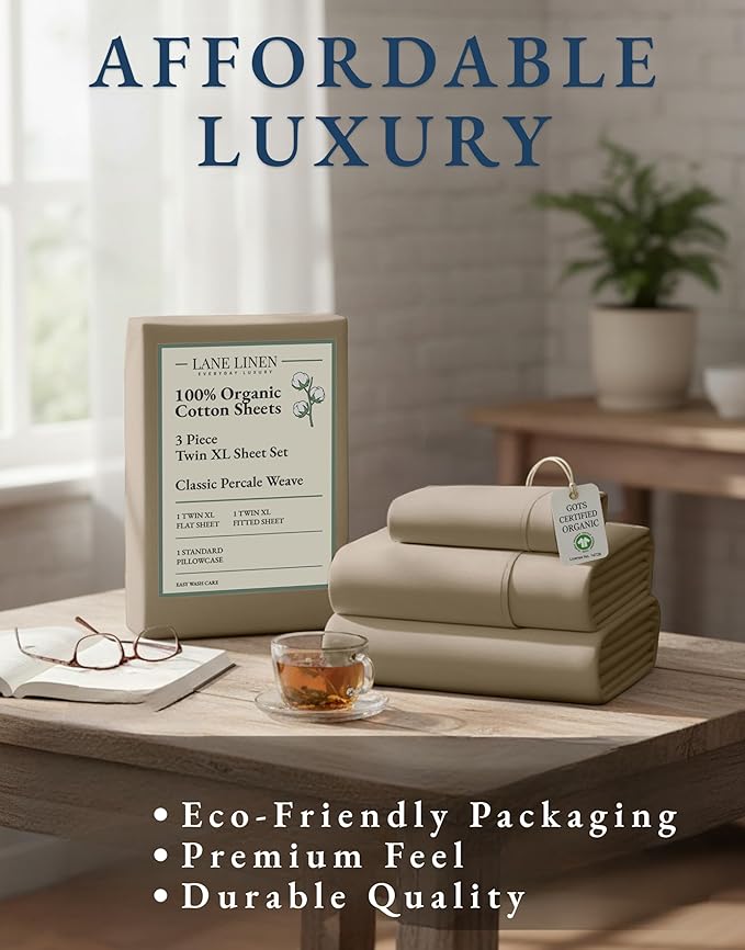 LANE LINEN 100% Organic Cotton Twin XL Sheets Set, Fully Elasticized Bed Sheets Set Twin XL Size Perfetct for Hospital beds, Deep Pocket Soft & Comfy Sheets Set Twin XL Size-Taupe
