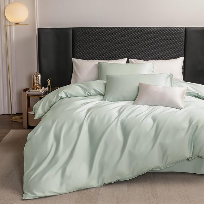 MooMee Duvet Cover Set 100% Extra Long Staple Cotton 600 Thread Count Silky Sateen Smooth Luxury Soft Breathable Durable Hotel Quality Bedding, 3 Pieces (Sage Green, Queen 90"x90")