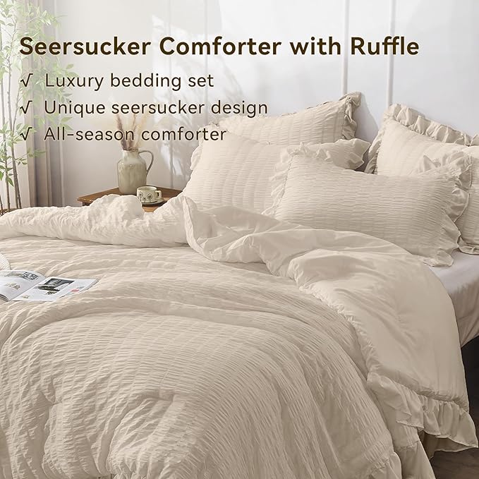 JOLLYVOGUE Beige Queen Comforter Set, 3 Pieces Seersucker Comforters Queen Size, Lightweight & Fluffy Bedding Sets Queen for All Season with 1 Ruffle Comforter and 2 Ruffle Pillowshams