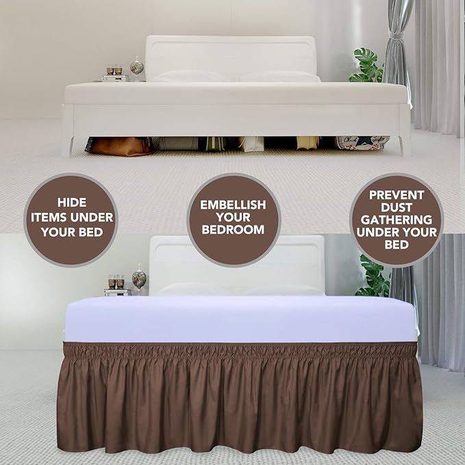 PureFit Wrap Around Ruffled Bed Skirt with Adjustable Elastic Belt - 18 Inch Drop Easy to Put On, Wrinkle Free Bedskirt Dust Ruffles, Bed Frame Cover for Queen, King and C-King Size Beds, Brown
